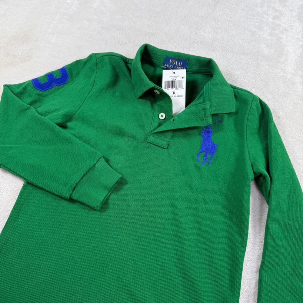 Polo Ralph Lauren Kids Green Long Sleeve Big Pony Polo Shirt Size 6 NEW